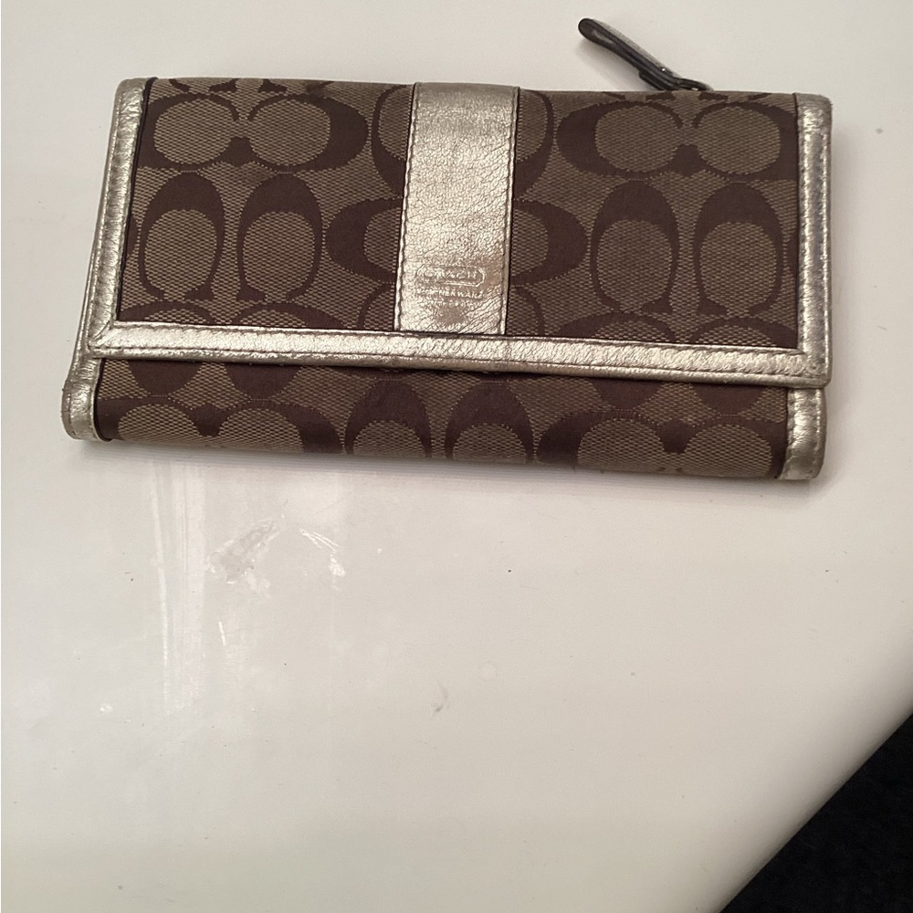 Coach Brown Signature Jacquard Wallet with Gold trim